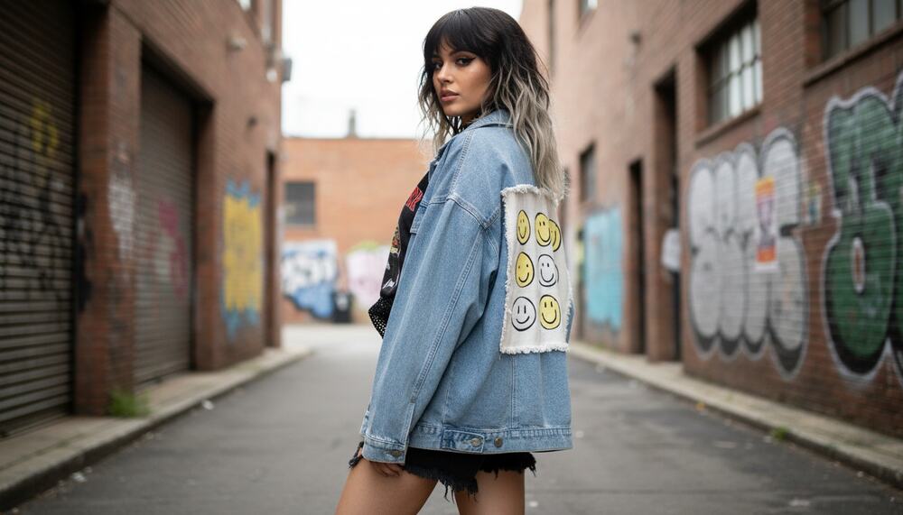 Altar’d State Denim Jacket | Size L | Smiley Patch | Oversized Fit
